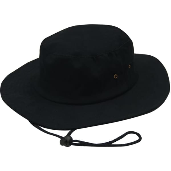 A black brushed heavy sports twill hat with a chin strap and eyelets for ventilation.