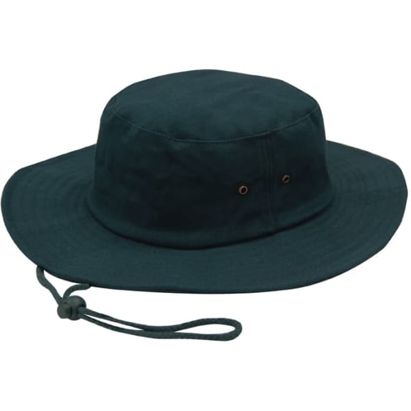 A dark green brushed heavy sports twill hat with a wide brim and adjustable chin strap.