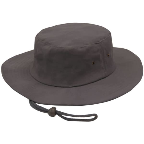 A grey brushed heavy sports twill hat with a wide brim and an adjustable chin strap, featuring ventilation eyelets.