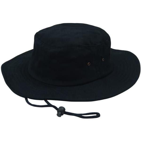 A black brushed heavy sports twill hat with a wide brim and adjustable chin strap. It features ventilation eyelets.