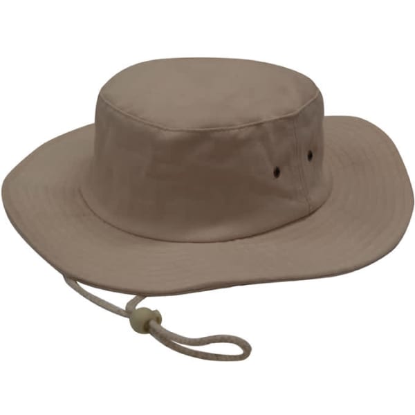A beige brushed heavy sports twill hat with a wide brim and adjustable chin strap. Features ventilation holes.