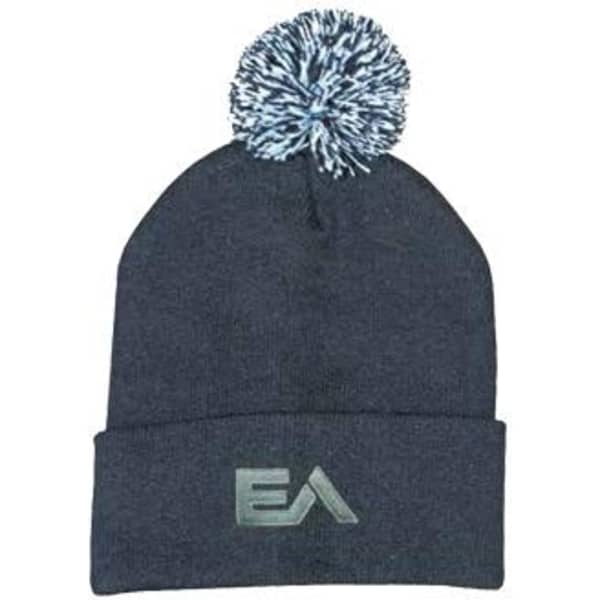 Acrylic beanie in navy blue with a light blue pom pom on top and a logo on the front.