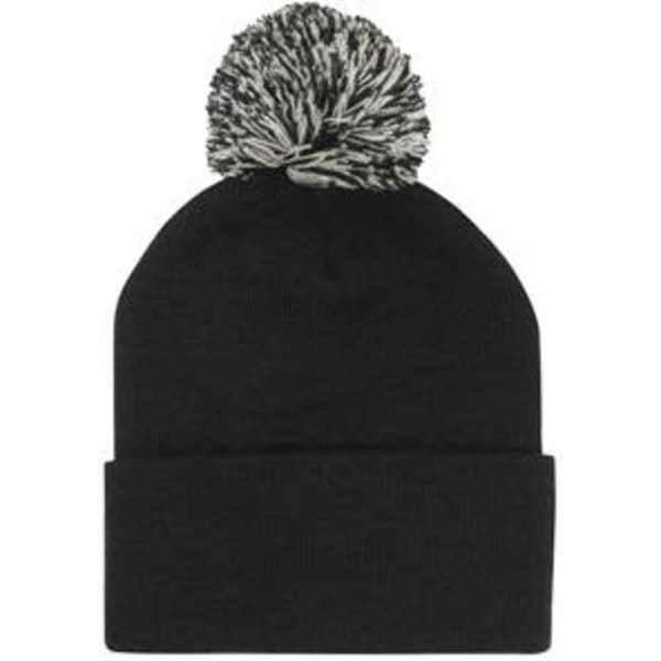 Acrylic beanie in black with a contrasting black and white pom pom on top. It features a rolled cuff.