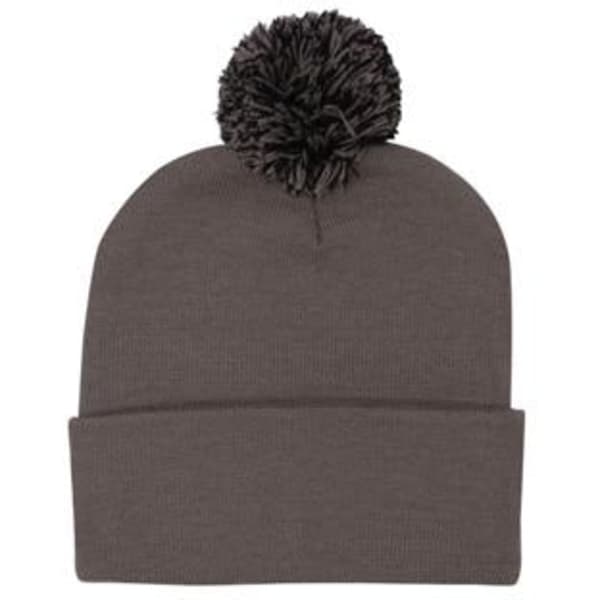 Acrylic beanie in grey with a fluffy pom pom on top, featuring a folded brim and a logo.