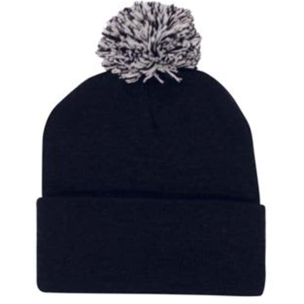 A black acrylic beanie with a grey pom pom on top, featuring a folded cuff.