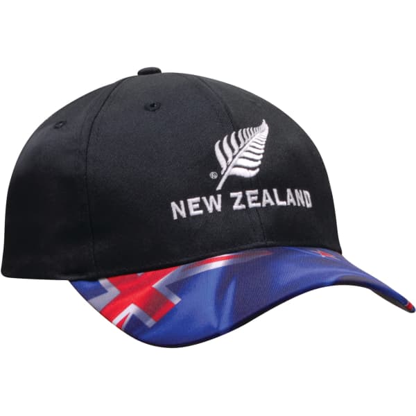 A black cap with a rounded brim featuring a patriotic design in blue, and a logo on the front.