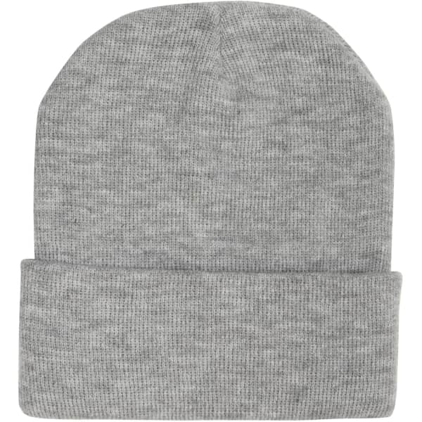 A grey acrylic beanie with a folded cuff, featuring a seamless design and soft texture.