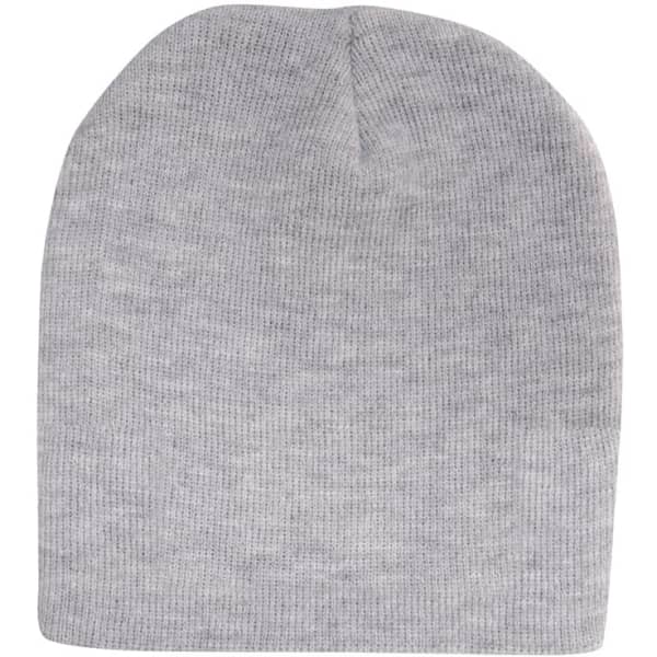 A rolled down acrylic beanie in a light grey colour with a smooth texture. It features a logo.