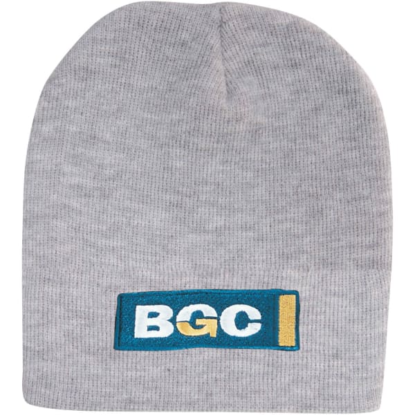 A rolled down acrylic beanie in grey, featuring a patterned logo.