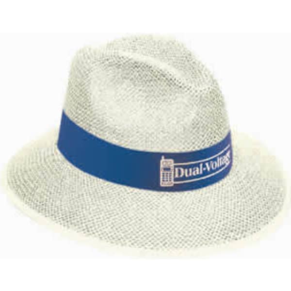 A white straw hat with a blue band and a logo. The hat features a wide brim and a lightweight design.