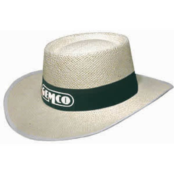 A classic style straw hat in natural colour with a green band featuring a logo.