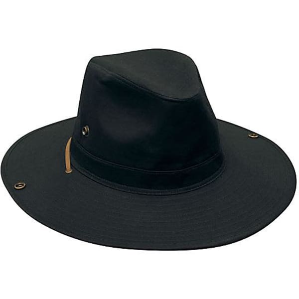 A black Safari Cotton Twill Hat featuring a wide brim and side eyelets, with a decorative band.