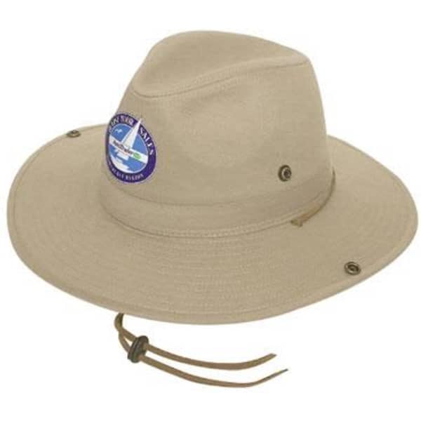 A khaki cotton twill hat with a wide brim, featuring an attached adjustable chin strap and a logo.