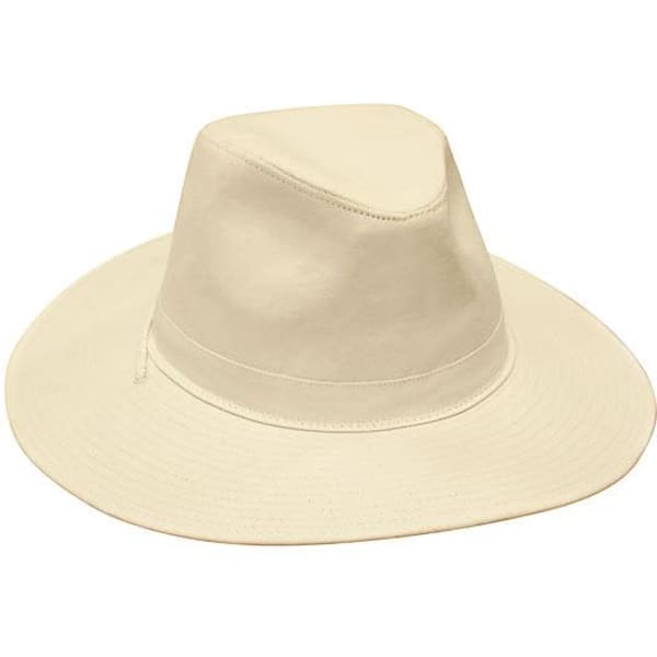 A cream-coloured cotton twill hat with a wide brim and a simple design, featuring a logo on the band.