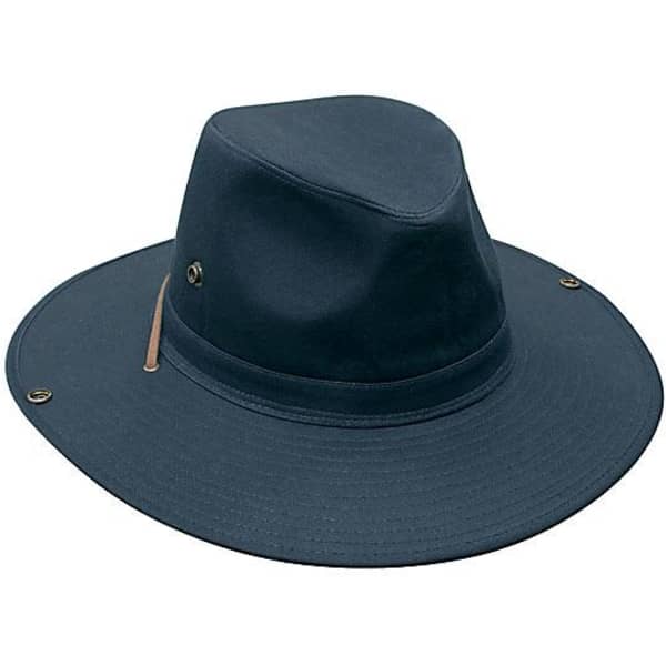 A dark navy cotton twill hat featuring a wide brim and a distinctive shape, with a logo on the side.
