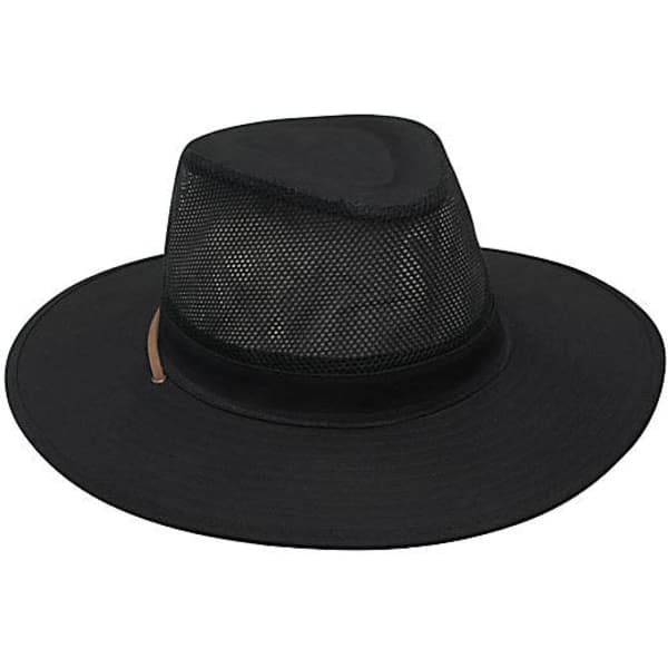 A black cotton twill and mesh hat with a wide brim, featuring a decorative band and a logo.