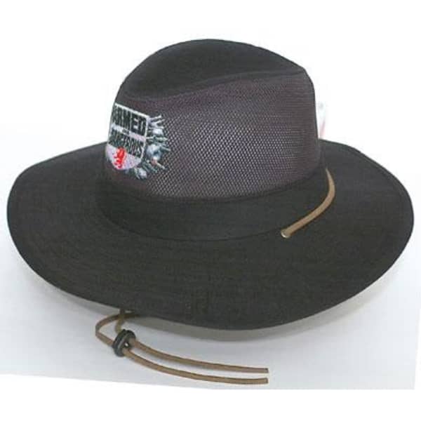 A black safari cotton twill and mesh hat featuring a logo and a decorative cord around the brim.