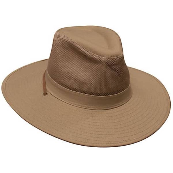 A tan cotton twill and mesh hat with a wide brim and a mesh section for ventilation, featuring a logo.