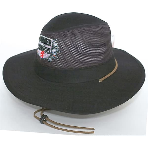A black cotton twill and mesh hat featuring a logo and a chin strap. Ideal for outdoor wear.