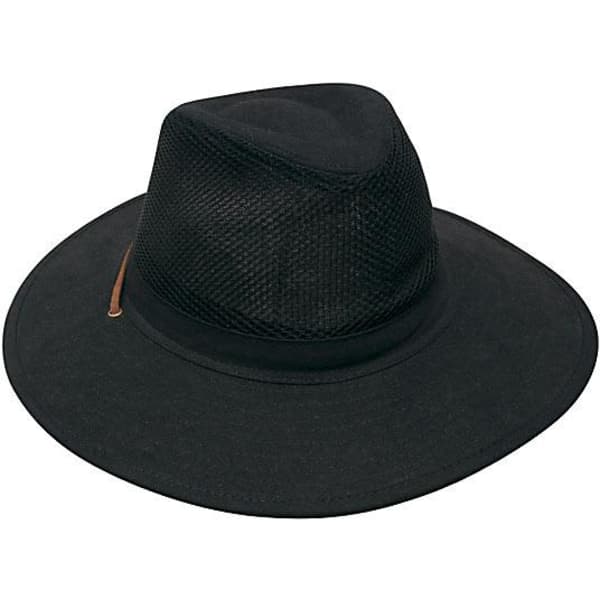 A black collapsible cotton twill and soft mesh hat with a wide brim and mesh detailing, featuring a logo.