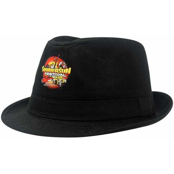 A black fedora cotton twill hat featuring a logo on the front.