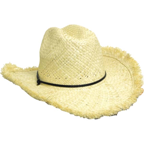 A frayed edge cowboy straw hat in natural straw colour with a black band.