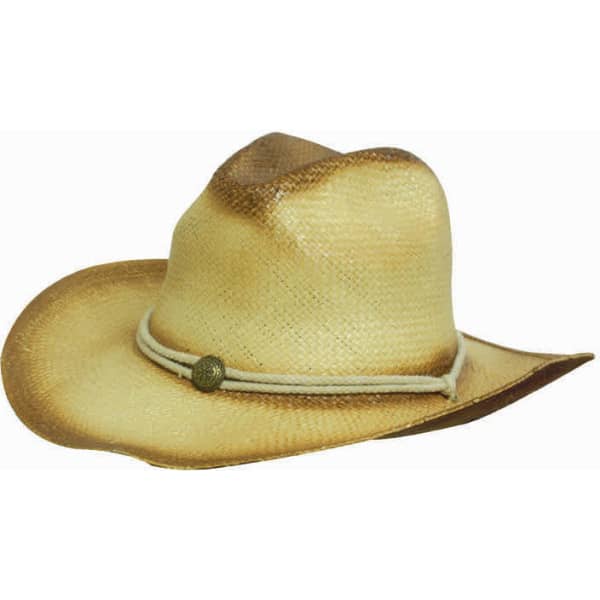 A straw cowboy hat in shades of light brown with a decorative band and an accent piece.
