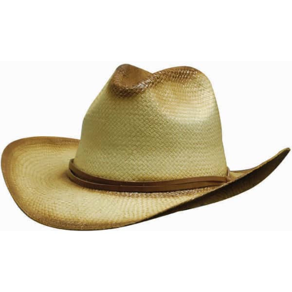 A straw cowboy hat in light beige with a brown band. The hat features a classic shape and texture.