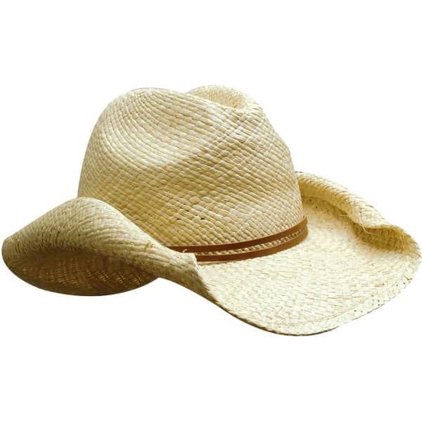 A ladies cowboy straw hat in a light beige hue, featuring a brown band around the base. It has a wide brim.