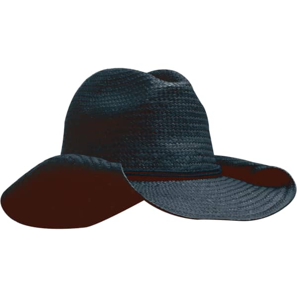 A black straw cowboy hat with a wide brim and a flexible crown, featuring a simple design and texture.