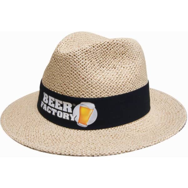 A straw hat in tan with a black band and a logo, featuring a wide brim for sun protection.