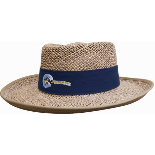 A straw hat in natural colour with a wide brim and a navy band featuring a logo.