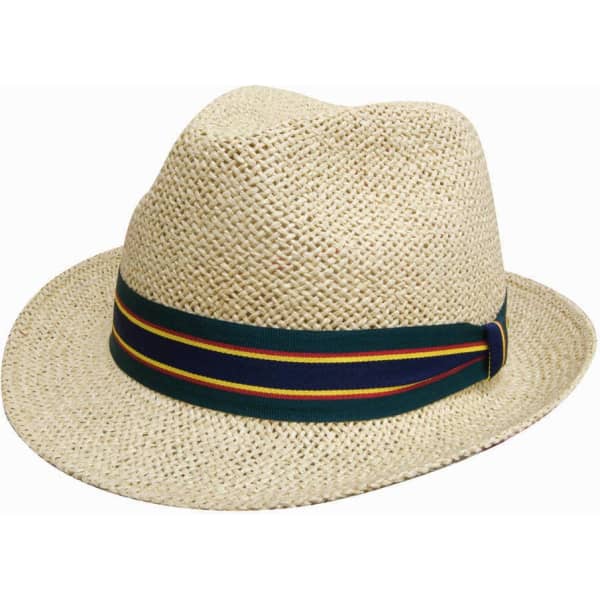 A Fedora Style String Straw Hat in natural straw colour with a colourful band. The hat has a branded logo.