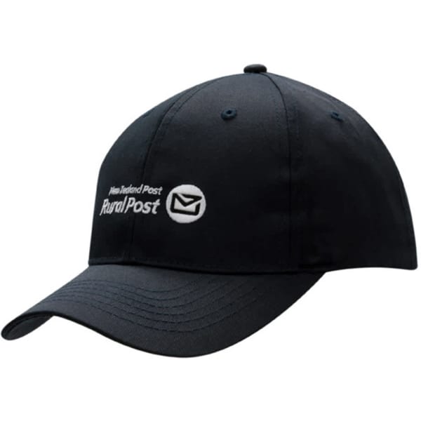 A navy cap with a curved brim and a logo on the front, featuring a classic six-panel design.