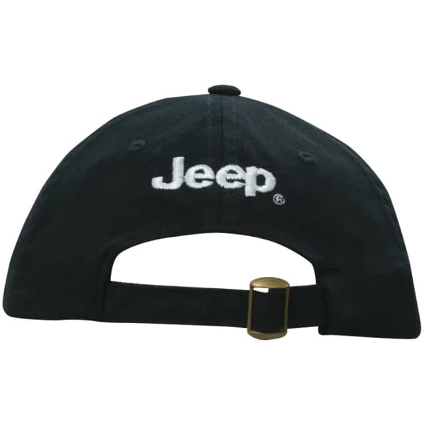 A black washed chino twill cap featuring a logo, with an adjustable strap at the back.