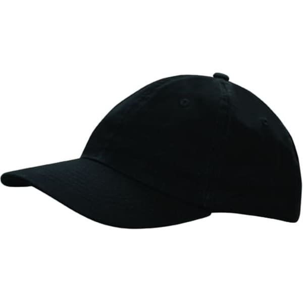 A black washed chino twill cap featuring a curved brim and a logo on the side.