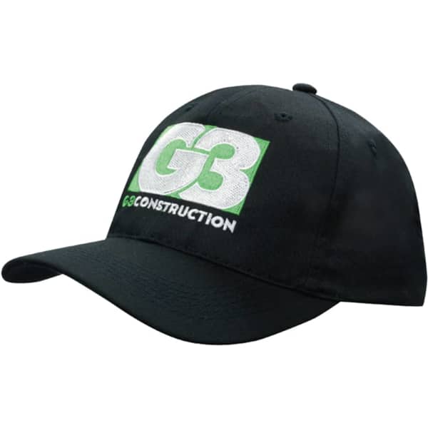 A black cap with an embroidered logo featuring green and white detailing.