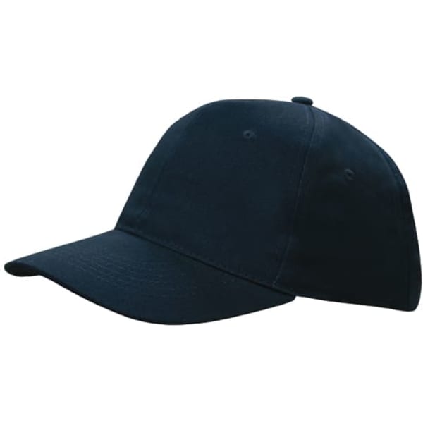A navy blue cap with a curved brim and eyelets for ventilation, featuring a logo.