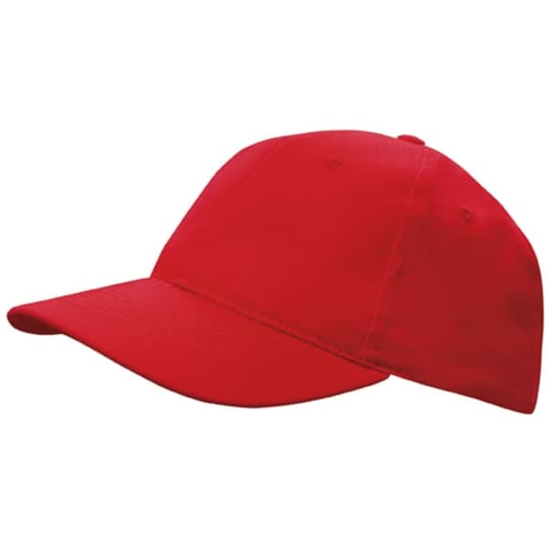 A red cap made of brushed cotton with a curved brim and a logo on the front.