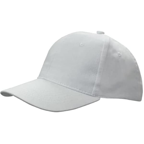 A white cap made from brushed cotton featuring a logo. It has a classic cap design with a curved brim.