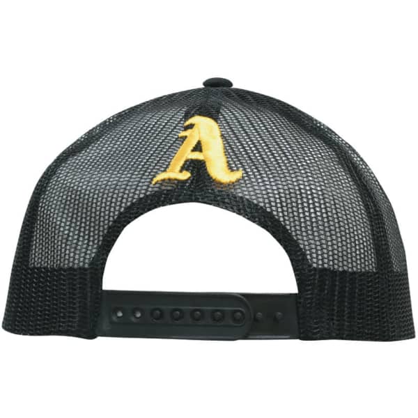 A black mesh cap featuring an embroidered yellow letter 'A' on the back and an adjustable strap.