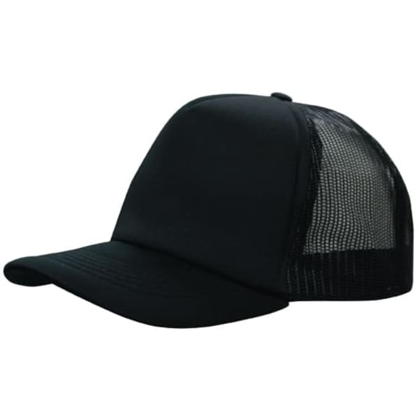 A black truckers mesh cap featuring a solid front and mesh back, with a curved peak.
