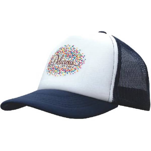 A trucker mesh cap in white and navy with a colourful logo on the front.