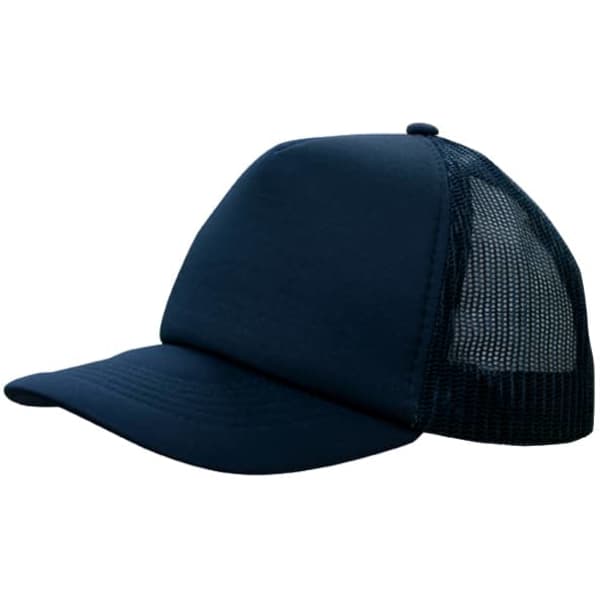 A navy truckers mesh cap featuring a solid front and mesh back for ventilation. It has a branded logo.