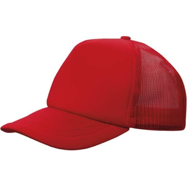 A red truckers mesh cap featuring a solid front and mesh back. Includes a logo on the front.
