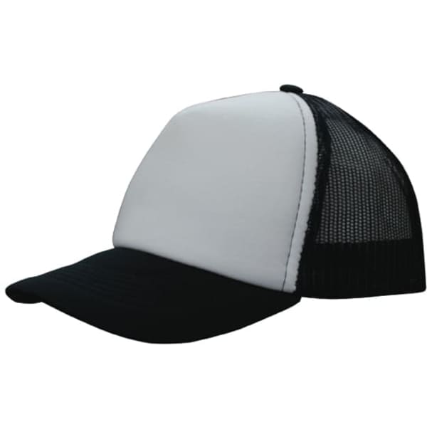 A black and white trucker mesh cap with a solid front and mesh back, featuring a curved brim and an adjustable strap.