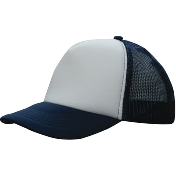 A trucker mesh cap featuring a white front panel and a navy blue peak with mesh sides.