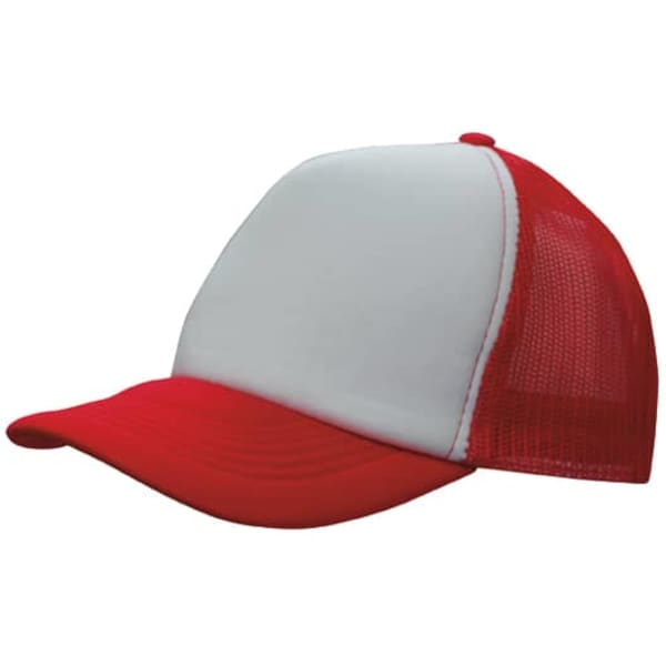 A red and white trucker mesh cap with a solid front panel and mesh sides. Features a rounded brim.