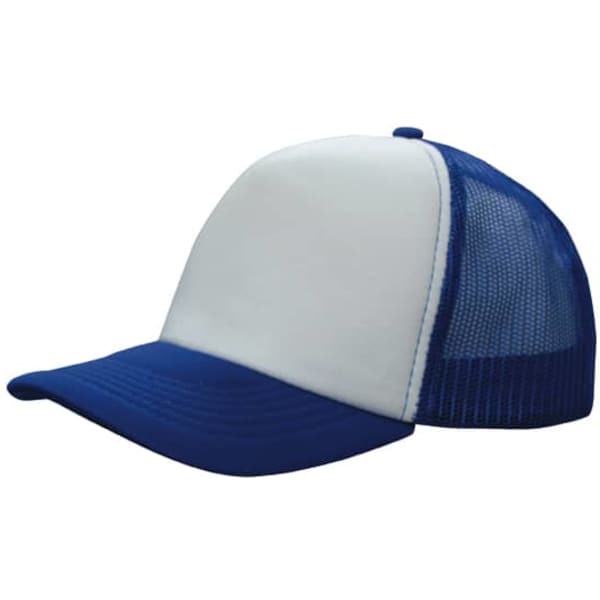 A blue and white truckers mesh cap with a solid front and mesh back, featuring a logo on the front.
