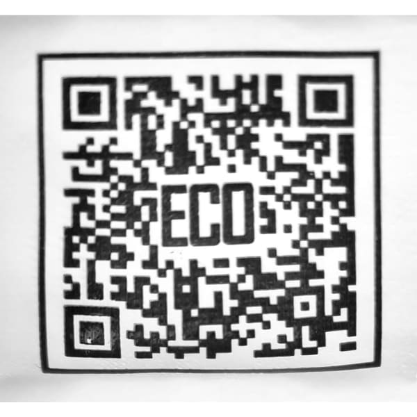 A QR code displayed on a light background with the word "ECO" in the centre.